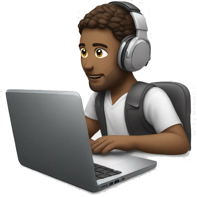 a white women behind his laptop, with a headphone working emoji