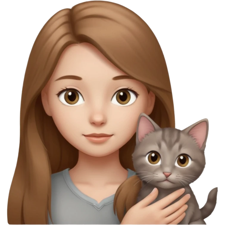 a light brown long hair with grey eyes girl and grey kitten emoji