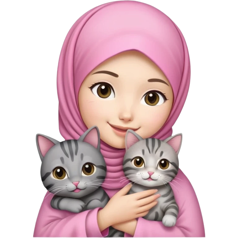 Asian white girl wearing pretty pink hijab holding a black grey tabby cat with smiling emoji