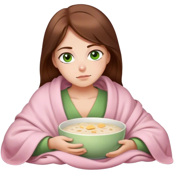woman with very long brown hair and green eyes in a light pink blanket sleepy with porridge emoji