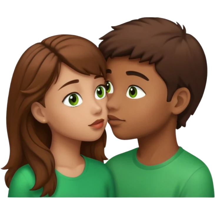 brown boy and girl with brown hair light skin and green eyes kissing emoji
