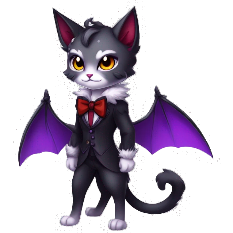 Anthro-Cute-Edgy-Vampiric-Batty-Cat-Black-Purple-Red-Grey-White-Yellow-Contrast-Colors-Fantasy-Fur-Sona-Chibi-Shiny-Fakémon-Hybrid with horns and big fangs collar bow ties leg spats full body emoji
