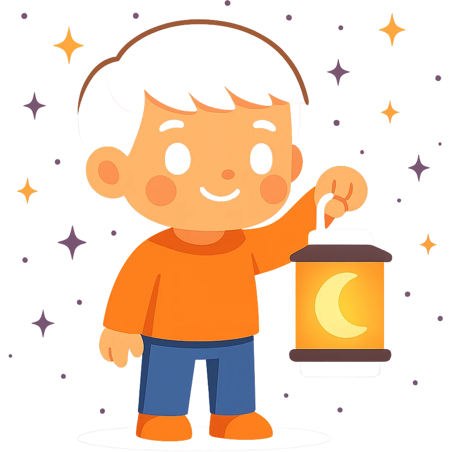 Create an image of a little boy holding a lantern with a moon design. The style should be cute and vibrant cartoon, matching the reference image's style. The background is a purple night sky. The lantern should glow softly. No text included. emoji
