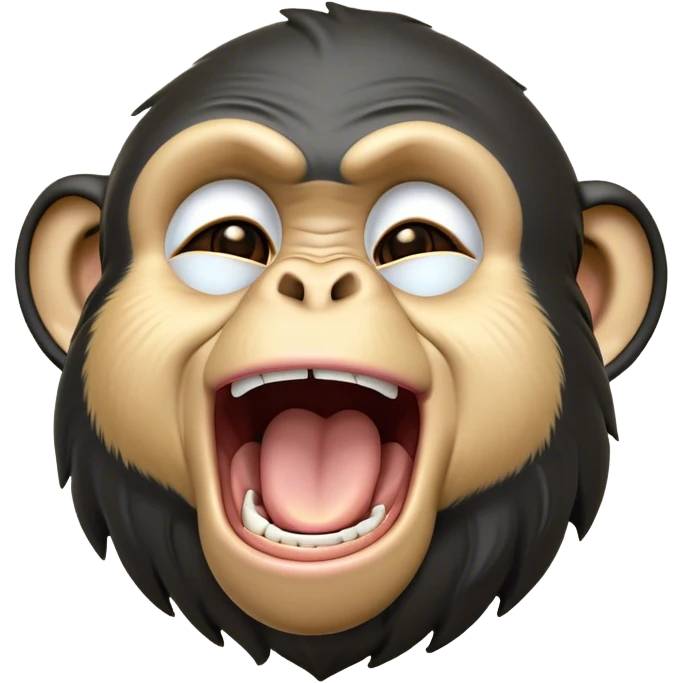 Cinematic Cute Yawning Chimpanzee Portrait Emoji, Head tilted slightly with a dramatic, wide-open yawn, showcasing a gently textured face with half-closed, drowsy eyes and an open, relaxed expression, Simplified yet irresistibly adorable features, highly detailed, glowing with a soft, cozy glow, high shine, relaxed yet expressive, stylized with a dash of whimsical primate charm, soft glowing outline, capturing the essence of a drowsy yet affectionate guardian that seems ready to stretch out for a nap! emoji