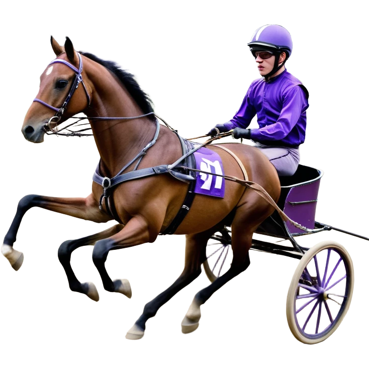 A high-speed harness racing scene featuring a powerful brown trotting horse. The sulky, a lightweight two-wheeled cart, is painted in black and attached to the horse’s harness. A driver, dressed in purple, is seated in the sulky, gripping the reins tightly and wearing a purple helmet with goggles. emoji