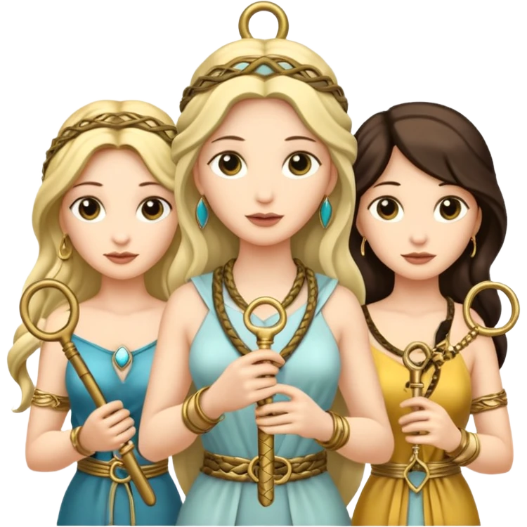 Three goddesses. one with a snake facing right,  one with a key facing left, one in the center with a key emoji