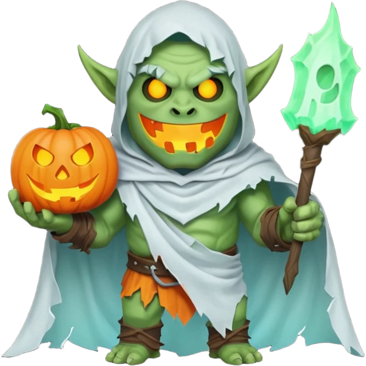 male orc warrior ghost emoji, green skin, tusks, wearing torn white ghost sheet costume, holding glowing jack-o'-lantern, faint blue aura, friendly but spooky expression, Halloween fantasy theme, Apple emoji style, clean white background, square emoji