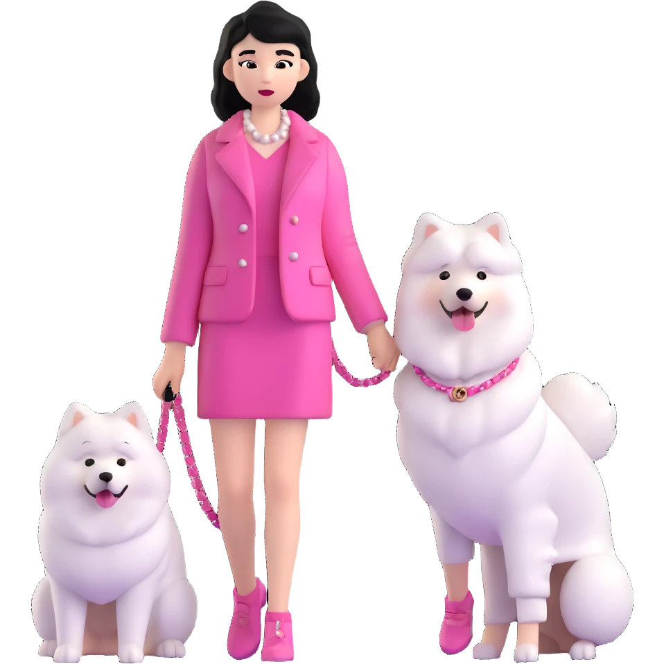 black-haired girl in pink Chanel style outfit with white Samoyed dog emoji