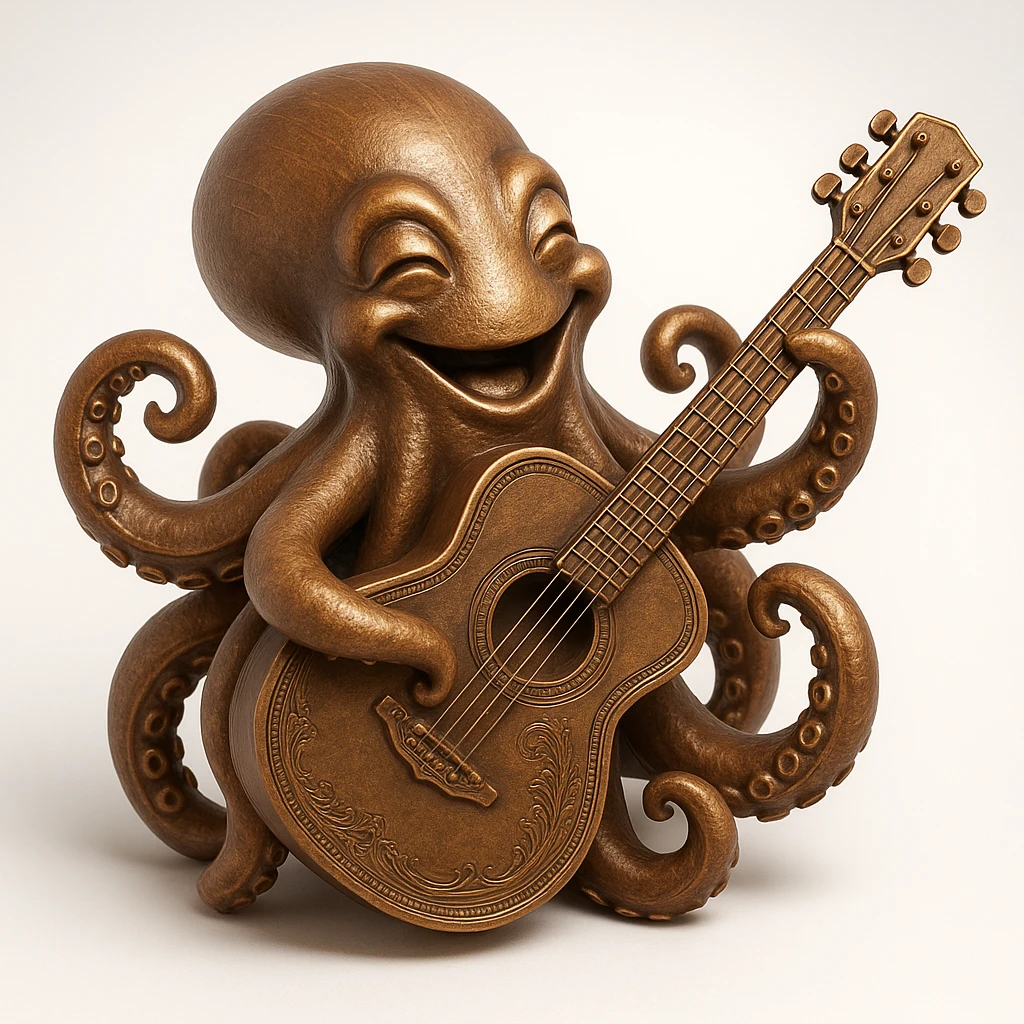 happy octopus with multiple arms playing guitar emoji
