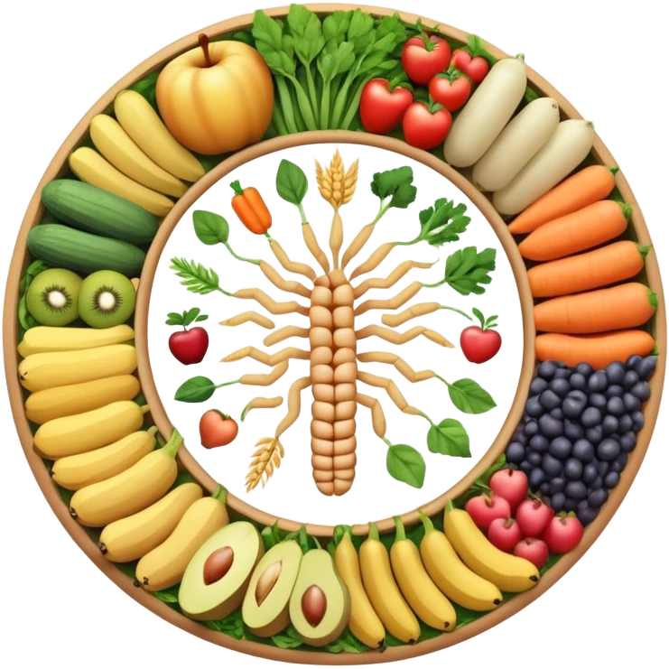 Dietary fiber concept with whole grains, fruits, vegetables and legumes arranged in a circular pattern, with a stylized intestine in the center showing fiber passing through, surrounded by small arrows indicating movement and digestion emoji