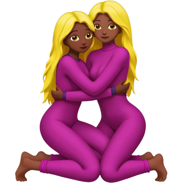 One figure is dark magenta and is kneeling.
	•	The other figure is yellow with long hair and is being held, with their arms around the magenta figure’s neck.
	•	The yellow figure’s legs wrap around the magenta figure’s waist, suggesting a close, intimate embrace. emoji