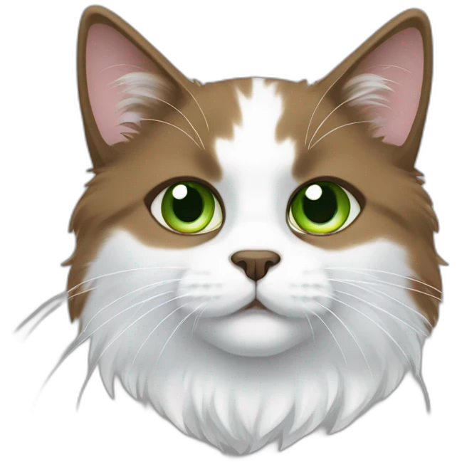 white fluffy bi-colour cat with dark brown ears and upper head, brown ears and green eyes emoji