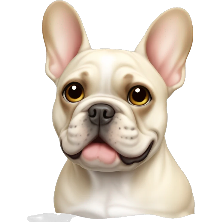 Cream French bulldog with a light brown right ear and two brown spots near the end of its back  emoji
