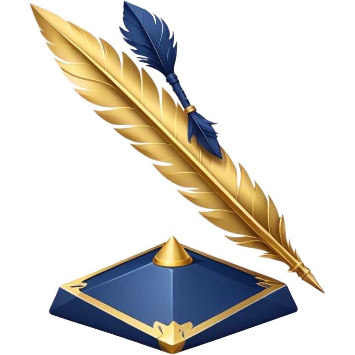 A golden quill crossing with a d20 that has no marks or numbers
Color: Gold and deep navy blue emoji