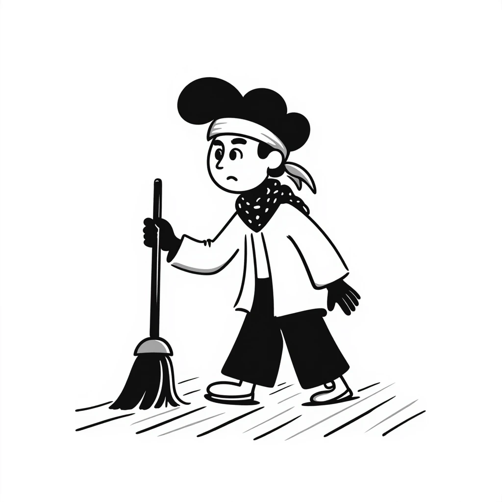 Levi Ackerman cleaning with bandana over hair, gloves, holding broom, annoyed expression emoji