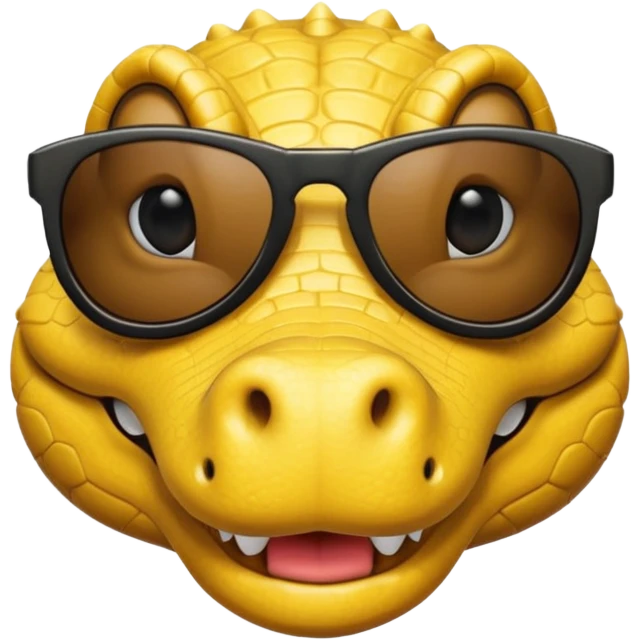 Cocodrilo feliz con boca cerrada mirando de frente que tengan lentes negros y sea color amarillo con fondo blanco emoji