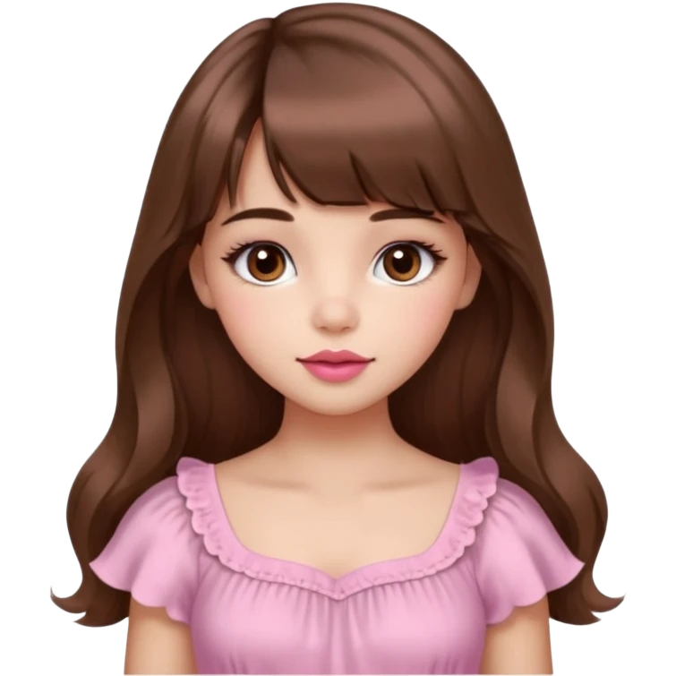 A cute girl with medium skin, soft pinkish cheeks, large bambi dark hazel eyes with long eyelashes, long wavy brown hair with bangs, medium straight nose with a soft tip, medium natural red lips, very feminine and pretty features, wearing a beautiful pink dress.l emoji