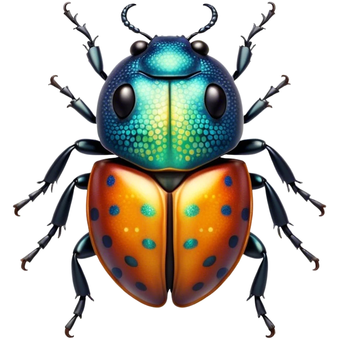 Cinematic Cute Beetle Portrait Emoji, Head tilted playfully and inquisitively, featuring a diminutive, charming body with a glossy, intricately patterned shell and round, sparkling eyes full of endearing wonder, Simplified yet irresistibly adorable features, highly detailed, glowing with a warm, inviting metallic glow, high shine, affectionate and lively, stylized with a touch of whimsical insect elegance, soft glowing outline, capturing the essence of a mischievous beetle that seems as if it could scuttle out of the screen into your arms! emoji