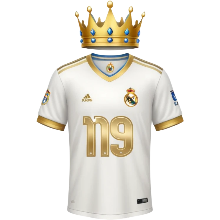Real Madrid inspired white football jersey with gold accents and a crown emoji