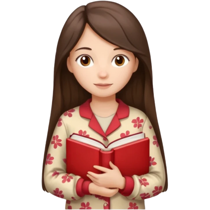 Миловидная девушка брюнетка с длинными  волосами, карими глазами в пижаме с книгой. Картинка должна были в цветах: бежевый, бледно красный и коричневый, белый emoji