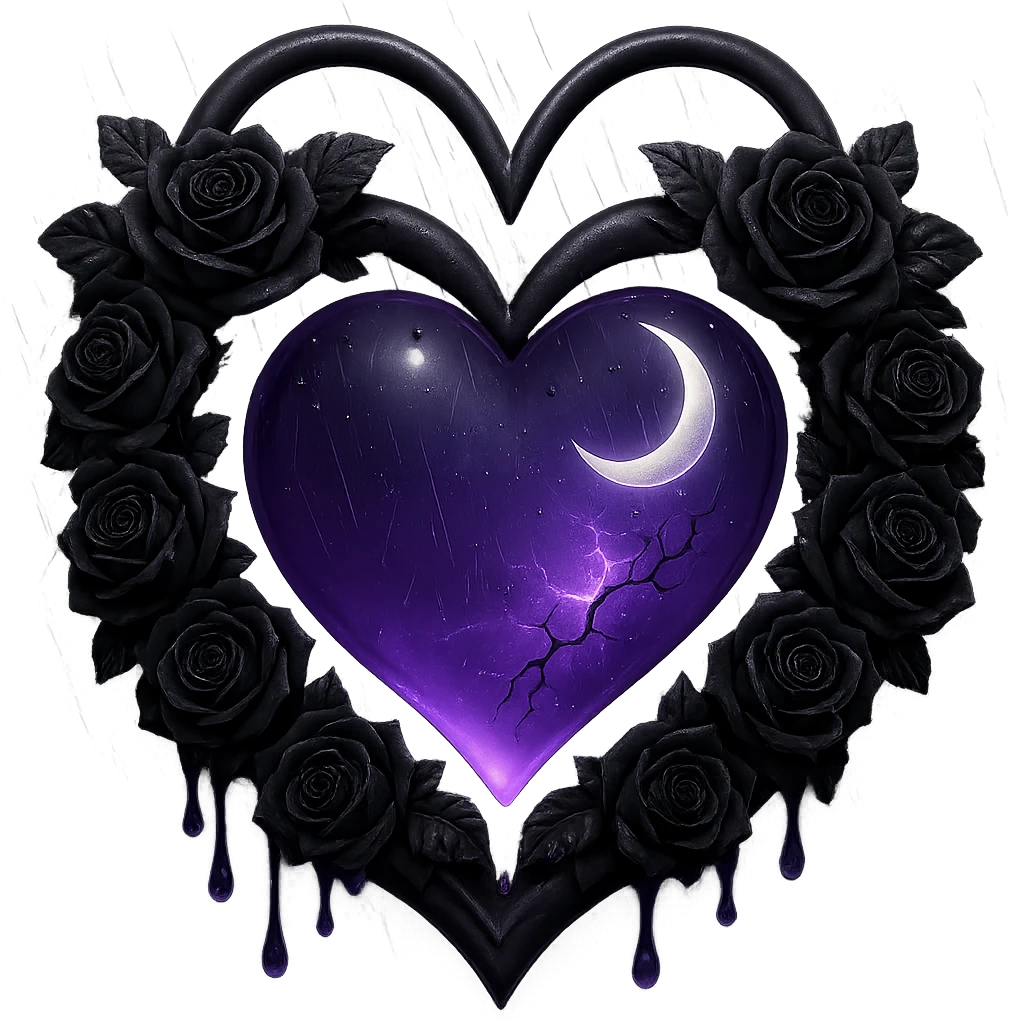 Make the black roses much more prominent and detailed, keeping the gothic heart, purple glass with a crescent moon, dripping effect, faint lightning in the background, misty rain, cracked glass with a glowing mist, in the style of 3D emoji style, with no background. emoji