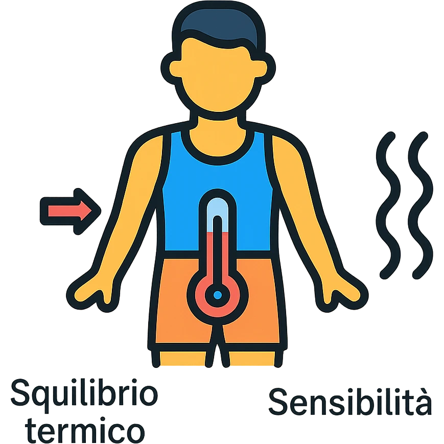 infografica in italiano, atleta con simbolo di termometro nella zona pelvica, frecce che indicano Squilibrio termico e Sensibilità, colori vivaci, stile educativo, sfondo bianco emoji