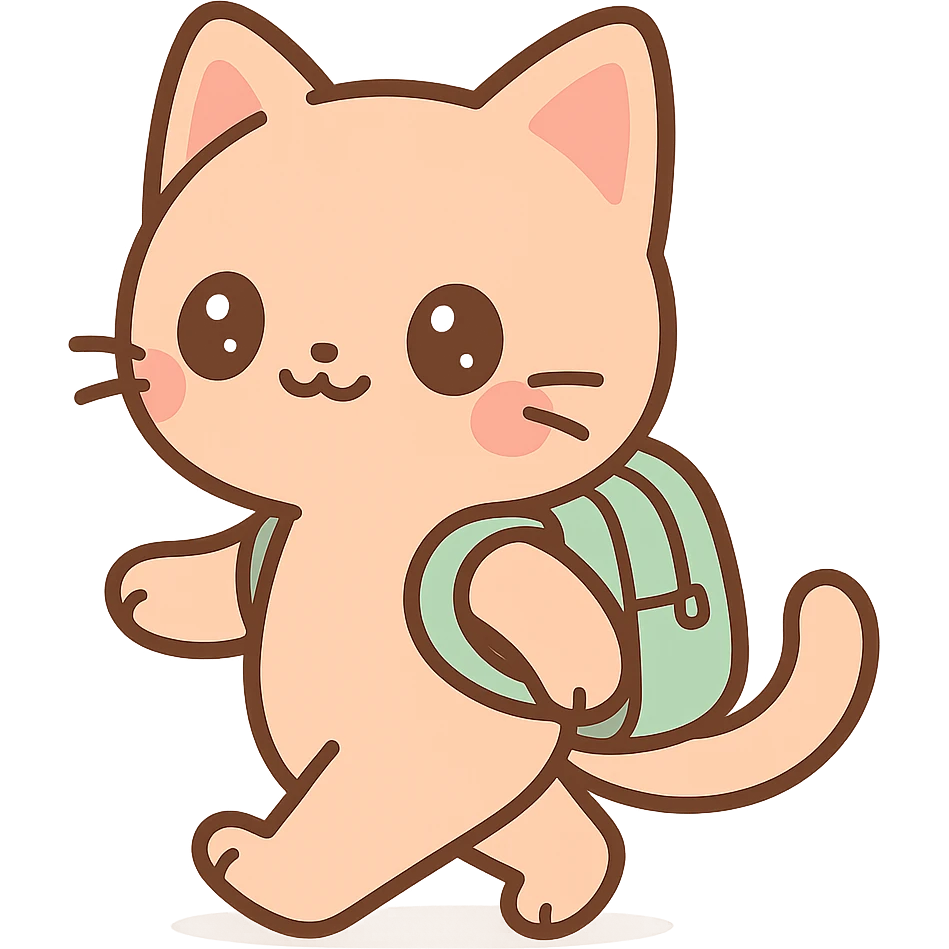 anime style cat with a backpack, walking and smiling emoji