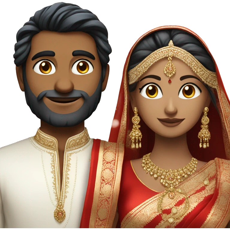 indian groom with long hair and white skin bride with blue eyes and same traditional red saree emoji