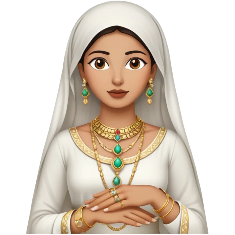 The Palestinian woman, wears a white traditional dress. Her accessories steal the spotlight—intricately designed gold bangles, statement rings, and layered necklaces—each piece exuding heritage and craftsmanship.  emoji