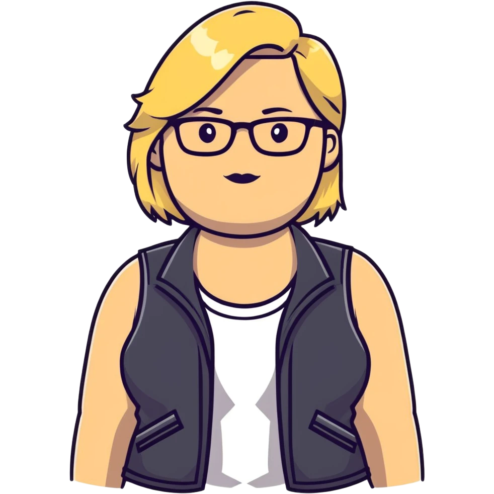 Plus size blonde person with glasses wearing a stylish vest emoji