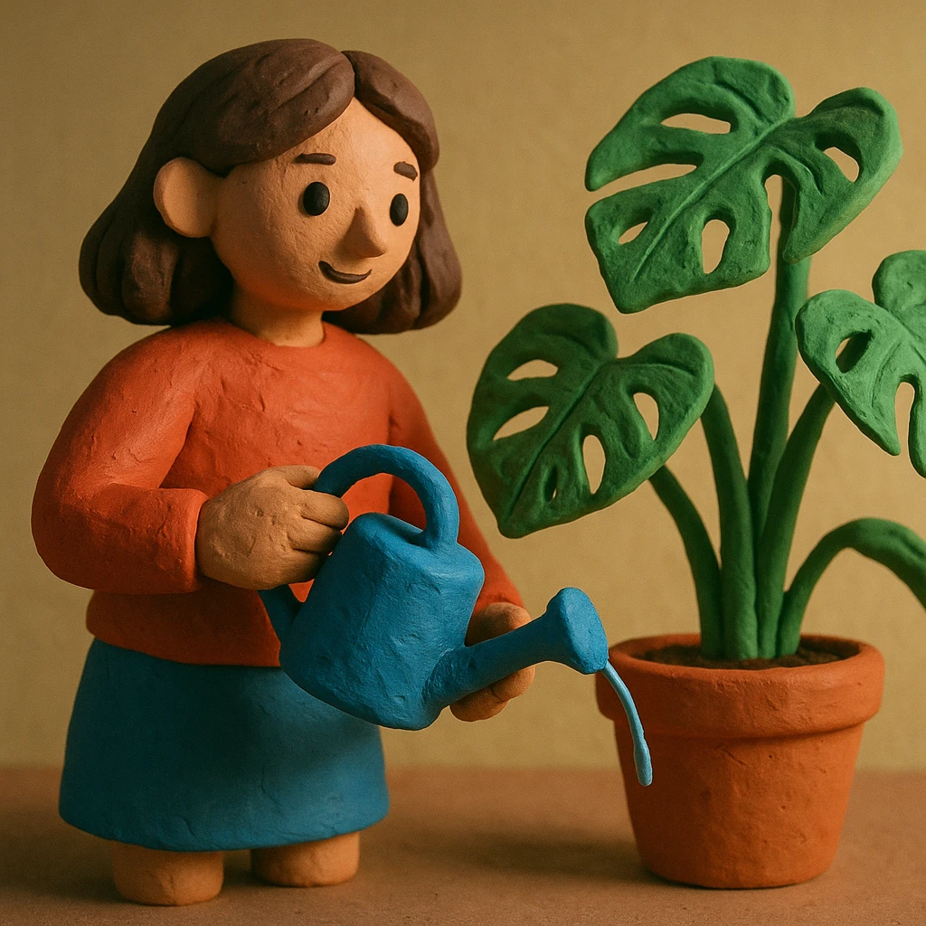 woman watering her monstera plant emoji