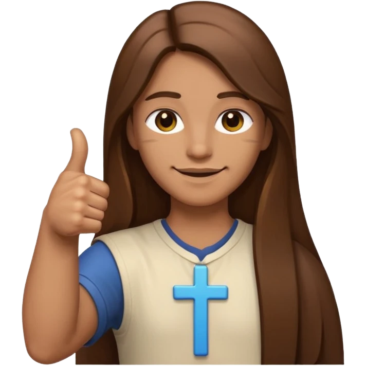 person with long brown hair holding a cross in one hand and giving a thumbs up with the other, clean modern emoji style emoji