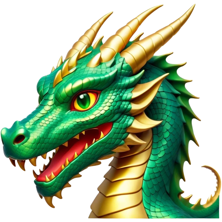 Cinematic Noble Dragon Portrait Emoji, Poised and majestic, with a sinuous, elongated build and shimmering, scale-covered skin in hues of emerald and gold, piercing, fiery eyes, Simplified yet sharp and sophisticated features, highly detailed, glowing with a mystical, radiant glow, high shine, intelligent and formidable, stylized with an air of ancient power, focused and attentive, soft glowing outline, capturing the essence of a watchful and legendary dragon that feels as though it could soar out of the screen with effortless authority! emoji