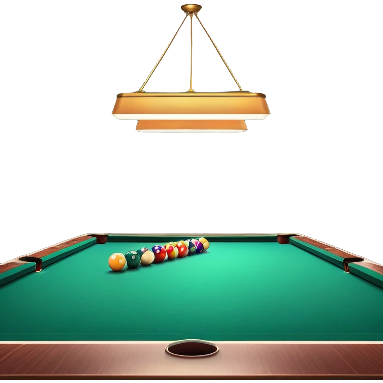 A well-arranged pool table with colorful billiard balls neatly placed, and a cue stick poised to take a shot. The setting is a dimly lit room with a focused atmosphere, highlighting the precision and strategy involved in the game of billiards. emoji