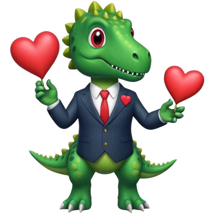 dinosaur in a suit holding hearts emoji