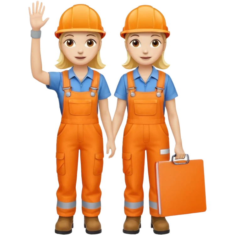 waving woman in orange hi vis overalls and boots holding a clipboard emoji