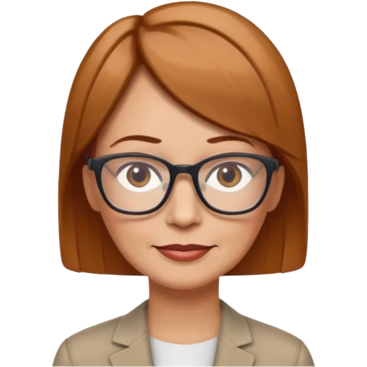 woman 50 years old, light chestnut hair, very short straight hair, wearing glasses, less serious expression, more joyful emoji