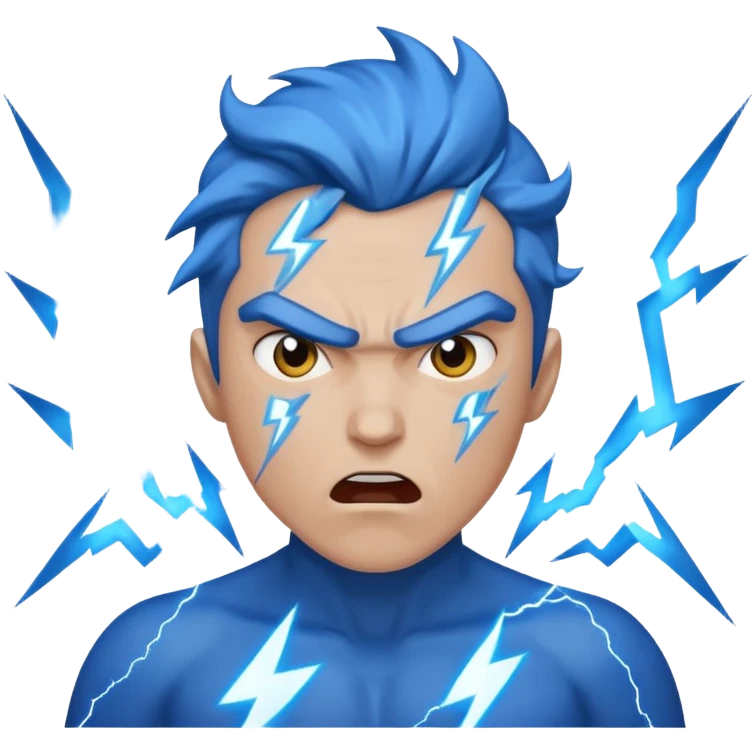 Rayos, centellas y estrellas en una cara color azul con expresiones de furia emoji