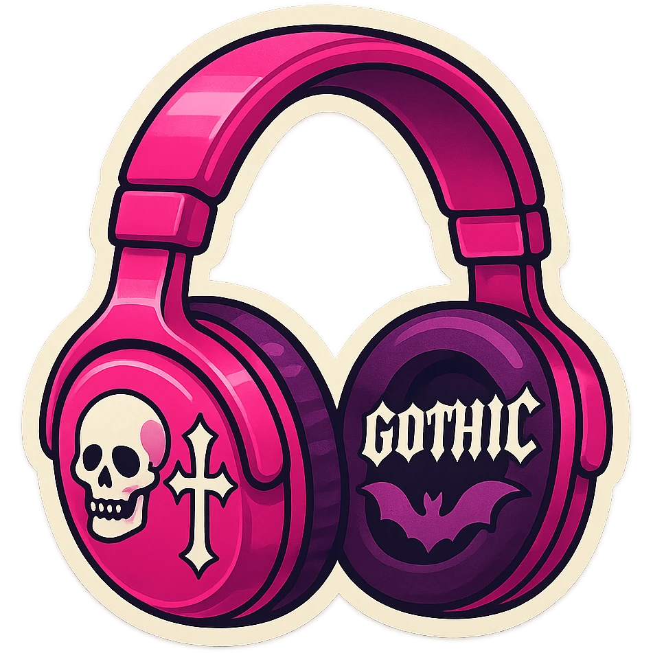 pink gothic headphones with vintage gothic graphics and sticker-like borders emoji