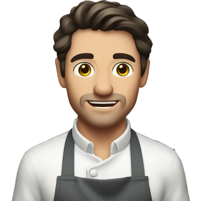 Handsome strong white man with dark hair in kitchen with apron emoji