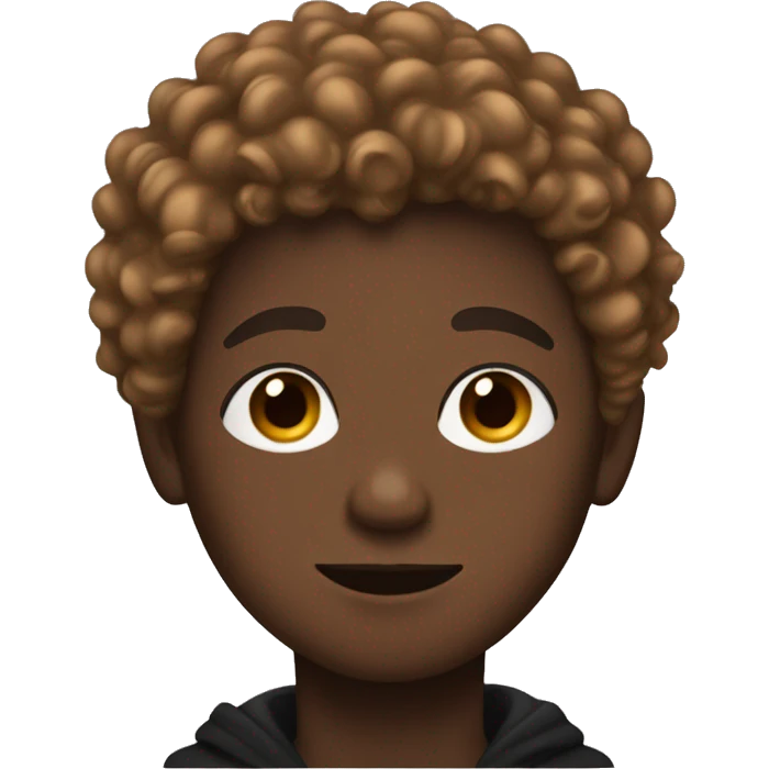 black boy with brown curly hair black button eyes and a black coat emoji