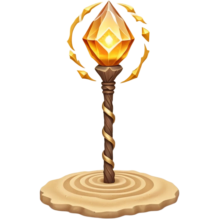 desert sand mage staff object icon, ancient wooden staff, swirling sand crystal on top, glowing golden aura, small floating sand particles, fantasy desert style, 3D cartoon, mobile game icon style, centered, clean background, soft shadow, no text, no watermark
 emoji