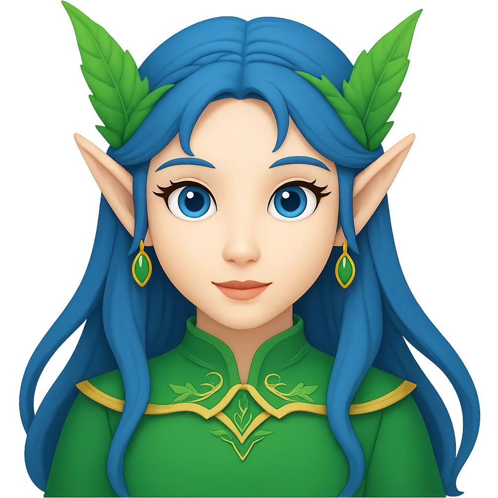 Create an Apple emoji style image of a woman with elf ears and blue hair, no background. emoji