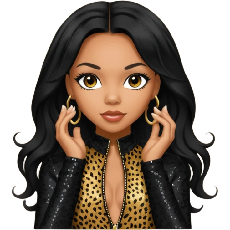 Kiely Williams from 3lw/Cheetah Girls with long jet black hair, black sequin outfit emoji