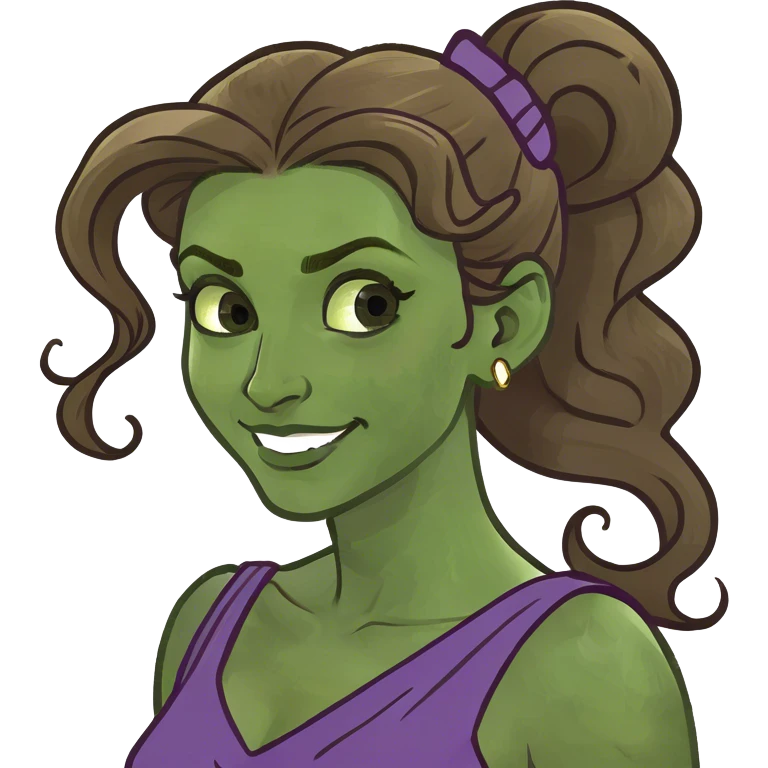 Disney-style woman from Greek mythology, long brown hair in a voluminous high ponytail, a curl on her forehead, wearing a purple Grecian dress, smirking playfully. emoji