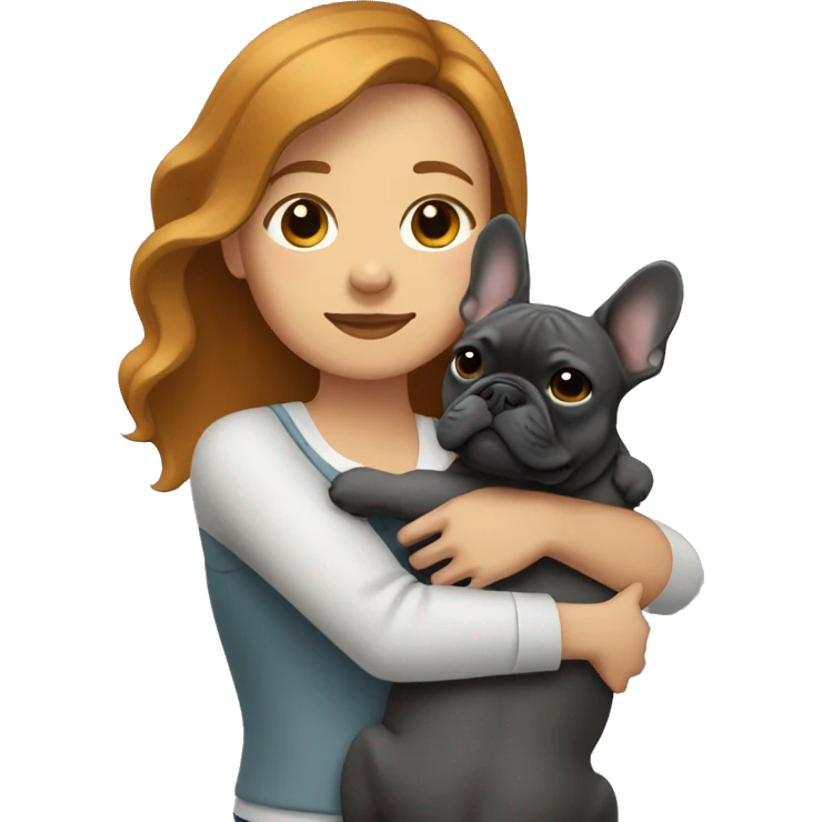 caramel hair woman hugging dark gray french bulldog emoji