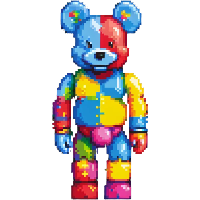 Pixel art KAWS Bearbrick figure with a happy smiling face, bright colors, and blocky bear shape emoji