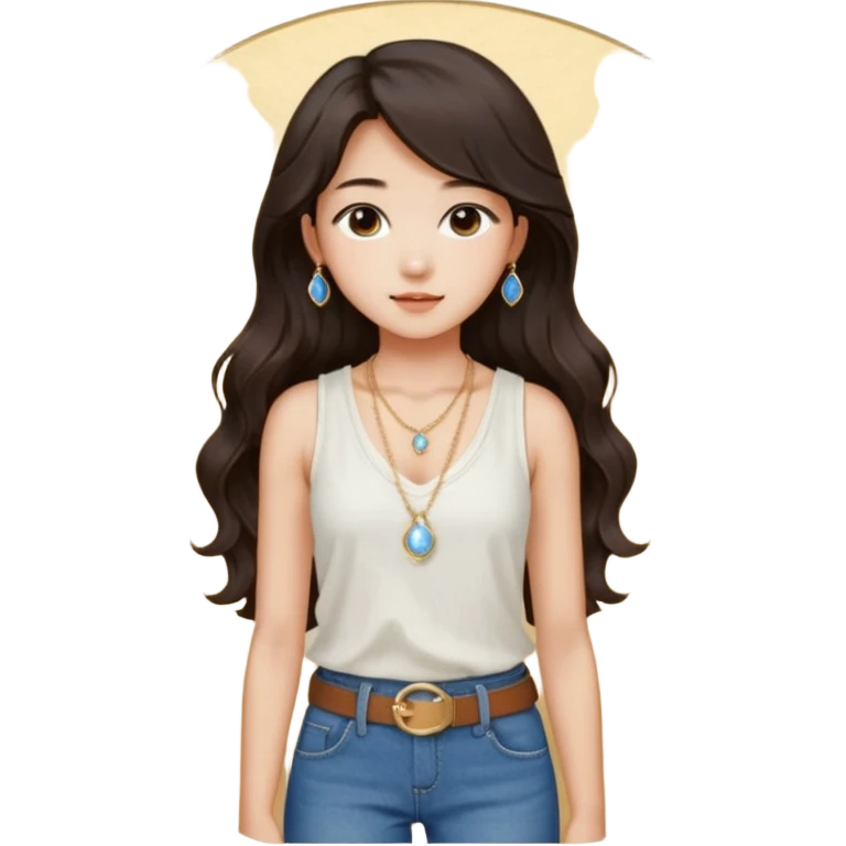 Stylish South Korean girl with long wavy dark hair, wearing a white textured sleeveless top, blue jeans, and a brown belt — soft lighting, cozy indoor vibe, a small, moonstone pendant necklace with a dainty gold chain adds a delicate touch emoji