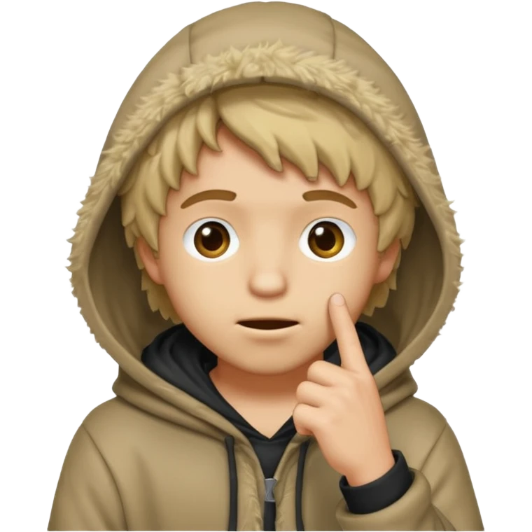 Moreno greñudo con capucha cuba la cara para el dedo emoji