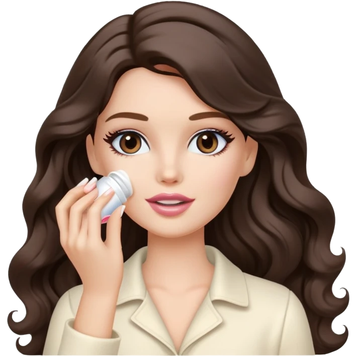 A white Barbie girl with long dark brown wavy hair in cream clothes smears by hand cosmetic cream on her face emoji
